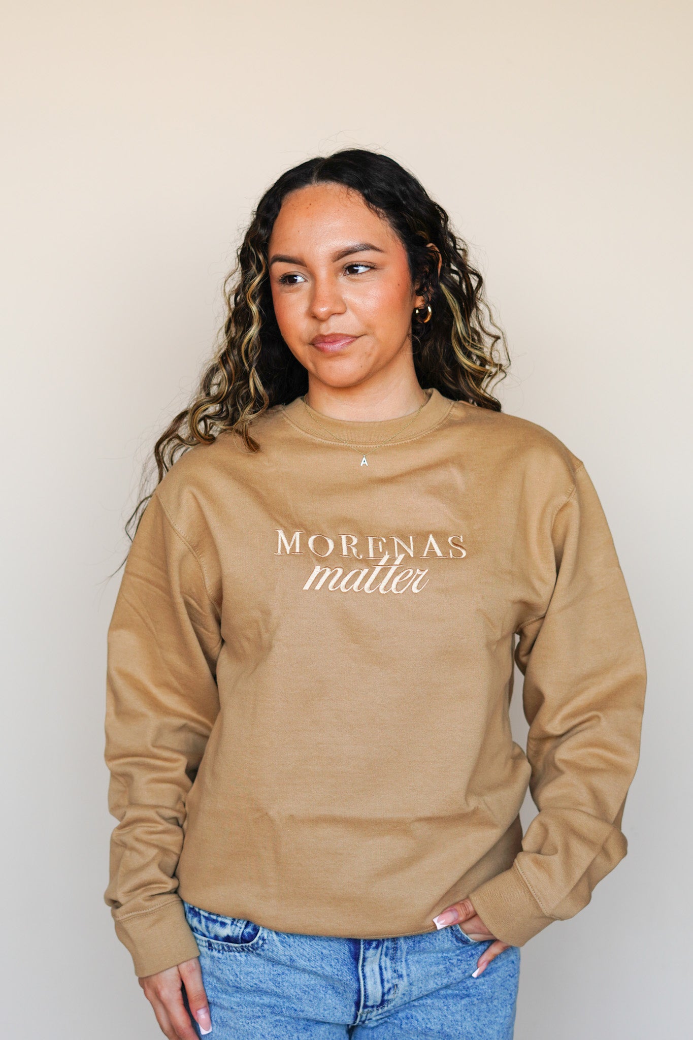 'Morenas Matter' Embroidered Beige Crewneck