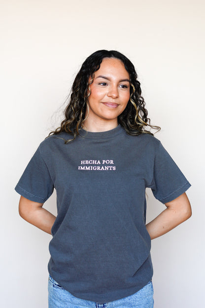 'Hecha Por Immigrants' Embroidered Grey Shirt