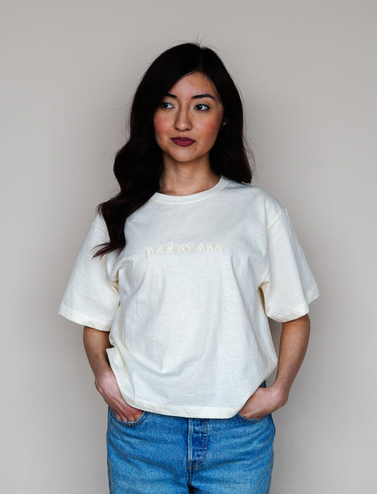 'Poderosa' Embroidered Ivory Boxy Crop Top